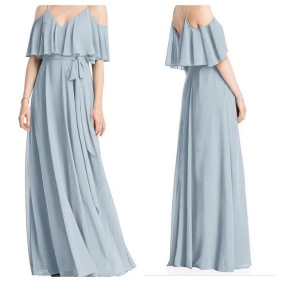 Jenny Packham Cold-Shoulder Chiffon Gown Light Blue Ruffle Maxi Size 2 NWT - Picture 10 of 10